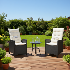 Chaises de patio inclinables en polyrotin noir avec coussins, ensemble de meubles de jardin modernes pour l'extérieur, pour une utilisation en arrière-cour - Product Image 2