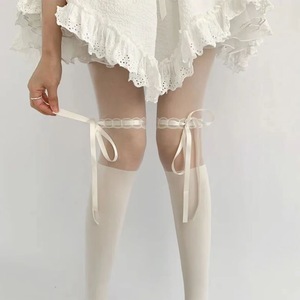 Black Knee Socks With Ribbon Tie Solid Color Ultra Thin 0D Polyester Women Spring Summer Autumn Lolita Style - Product Image 2