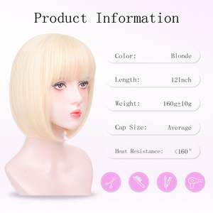 Pelucas Rubias Bob para Mujeres Blancas, 12 Pulgadas, Flequillo <span class=keywords><strong>Corto</strong></span>, Resistentes al Calor, Fibra de Alta Temperatura, Peluca Sintética Natural de Moda, Cabello Colorido - Product Image 2