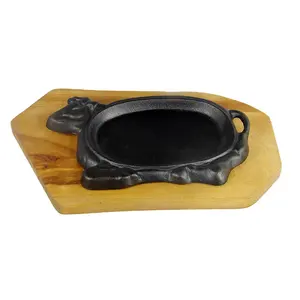 Plato de bistec de hierro fundido en forma de vaca, plancha chisporroteante con Base de madera, sartén para bistec, placa de servidor Fajita chisporroteante