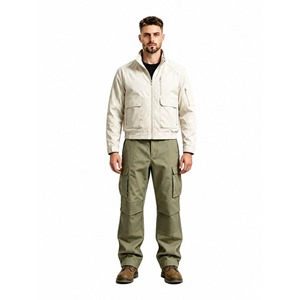 <b>Men</b> Stand Collar Work Jacket and <b>Cargo</b> <b>Pants</b> Set Multi Pocket <b>Khaki</b> Durable Construction Industrial Workwear Suit - Product Image 1