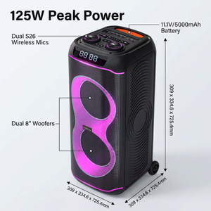Haut-parleur extérieur haute puissance 125W avec deux micros sans fil portatifs, double subwoofer 8 pouces, karaoké pour fêtes - Product Image 1