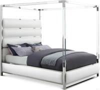 Lit à baldaquin de luxe en acrylique transparent avec cadre en acier inoxydable durable et tête de lit rembourrée en cuir, disponible en tailles Queen et King