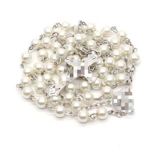 Collier chapelet en fausses perles 6 mm, style vintage, croix, bijoux religieux unisexe, bleu ciel, rose, blanc - Product Image 3