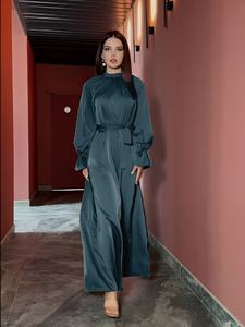 Vestido Maxi Modesto de Satén Verde Esmeralda con Cuello Alto, Manga Abullonada, Línea A, Cinturón Largo, Estilo Islámico para Ramadán, Primavera y Verano, ODM - Product Image 2