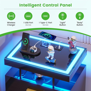 Black <b>LED</b> Nightstand <b>with</b> Wireless Charging Station 3 Drawer Tempered Glass Top <b>Motion</b> <b>Sensor</b> <b>Light</b> Gaming Bedside Table - Product Image 2