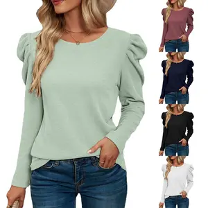 New European and American Full Sleeve Tops Round Neck T-shirt Women Blouses