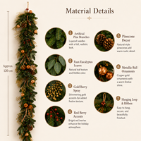 Guirlande florale de Noël 120 cm, guirlande murale avec des baies d'eucalyptus, des pommes de pin et des ornements pour la décoration des fêtes
