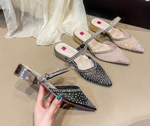 <strong>Champagne</strong> Luxury Block <strong>Heels</strong> Women's Mesh Pumps Size 31-43 3CM Low Pointy Toe Slip-On Anti-Slippery Disposable EVA Summer - Product Image 1