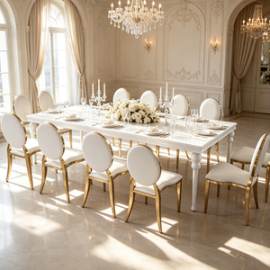 Mesa de Comedor Rectangular de Lujo para Eventos y Banquetes, con Patas Plateadas y Cubierta de MDF Blanco y Acero Inoxidable Blanco, de Sinoperfect Furniture - Product Image 1