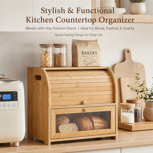 Contenitore per Pane in Bambù Stile Japandi con Finestra <span class=keywords><strong>Trasparente</strong></span>, Grande Scatola per Pane da Bancone con Vassoio Tagliere e Fori di Ventilazione - Product Image 2