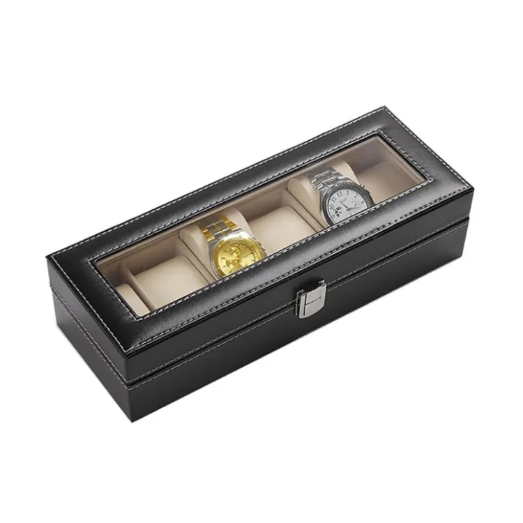 6 slot Watch Box Case Organizer porta orologi Display in pelle PU scatole portaoggetti con coperchio in vetro e cuscino