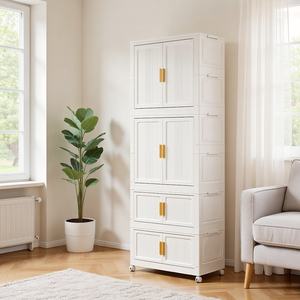 Armadio Pieghevole Multifunzione a 4 Ripiani Bianco per Soggiorno, Organizzatore Impilabile per Vestiti e Giocattoli con Cassetti e Ruote - Product Image 1