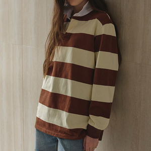 Sweat-<span class=keywords><strong>shirt</strong></span> polo décontracté pour <span class=keywords><strong>femme</strong></span> avec col à revers, épaules tombantes, rayures et manches longues surdimensionnées - Product Image 6