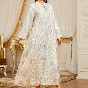 Vestido Abaya de Lujo con Apliques Plateados Estampados en Caliente para Mujeres Musulmanas, Alta Calidad, Elegante, para Fiestas y Eventos, Venta al por Mayor en China - Product Image 2