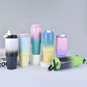 Bouteille d'eau portable en acier inoxydable de 30oz isolation sous vide couleur dégradée tasse de voiture en plein air avec poignée et couvercle paille - Product Image 3