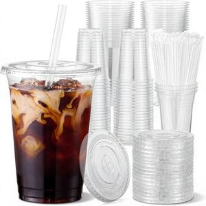 Gobelets jetables en plastique transparent de 16 oz avec couvercles et pailles pour boissons froides, sans BPA - Product Image 1
