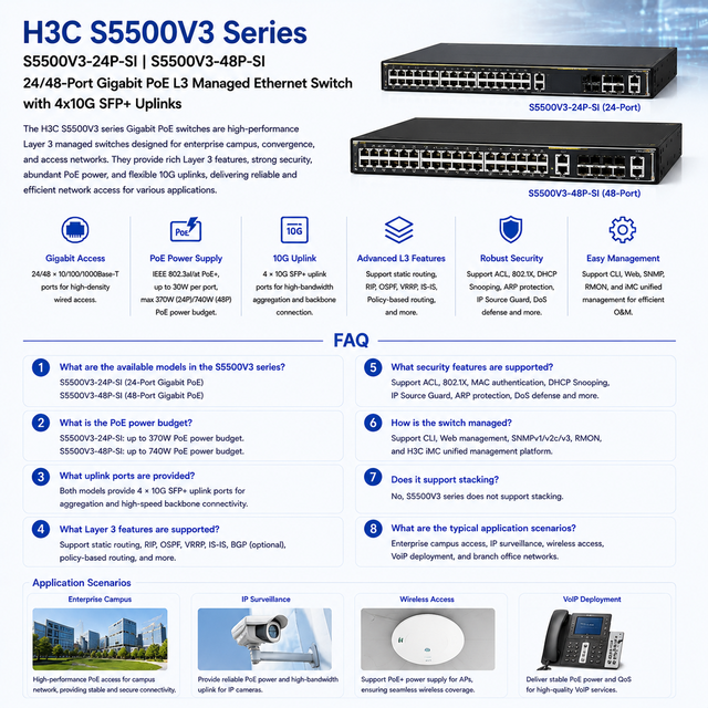 H3C S5500V3-24P-SI S5500V3-48P-SI 24/48 Port Gigabit PoE L3 Managed Ethernet Switch 4x10G SFP+ Enterprise Network Switch