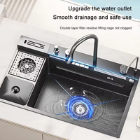Éviers multifonctionnels en acier inoxydable nano de cuisine intelligente moderne noire avec lave-vaisselle à double cascade pour restaurant