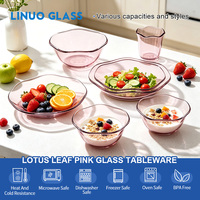 Ensemble de vaisselle en verre borosilicate rose feuille de lotus, durable, bol, assiette, tasse, kit sûr pour four, micro-ondes, congélateur, lave-vaisselle