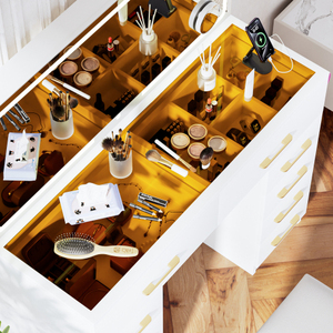 46 "Glass Top Vanity bàn với 10 ngăn kéo trang điểm Vanity với gương và phân, 3 chế độ chiếu sáng bàn trang điểm, ổ cắm điện - Product Image 6