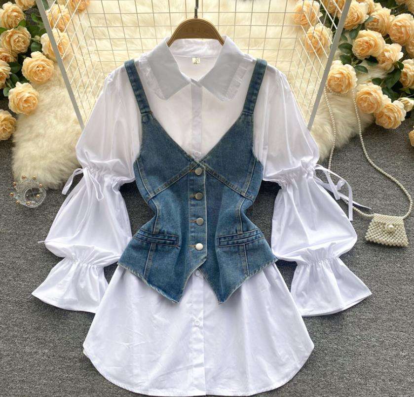 Conjunto de Top vaquero de dos piezas para mujer, camiseta sin