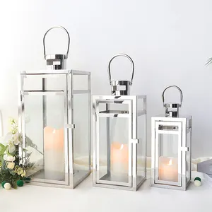 Conjunto de 3 lanternas de vela, suporte de velas decorativo de aço inoxidável e prata para casamento e férias
