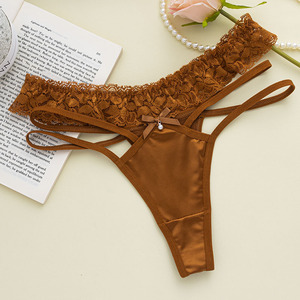Tanga de satén con encaje para mujer, ropa interior íntima, color liso, tiras cruzadas laterales, tiro bajo, bragas sexys, elegantes bragas tipo T-back al por mayor - Product Image 1