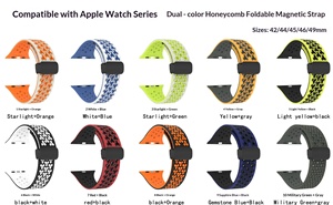 Compatible avec <span class=keywords><strong>Apple</strong></span> <span class=keywords><strong>Watch</strong></span> Ultra Series 9/8/7/6/5/4/3/2/1/SE, modèle cellulaire bicolore, fermoir magnétique pliable en nid d'abeille, bracelet en silicone - Product Image 2