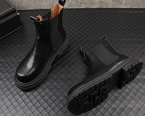Bottes <span class=keywords><strong>Chelsea</strong></span> pour hommes en cuir véritable, bout rond, semelle épaisse, bottes courtes, semelle extérieure en caoutchouc, fermeture à enfiler, style simple, automne - Product Image 6