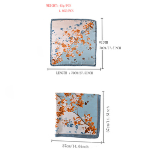 وشاح مربع للنساء من الساتان والشيفون بملمس حريري، أزرق فاتح مع طباعة زهور برتقالية، 70 سم، إكسسوار أنيق، منديل مربع - Product Image 4