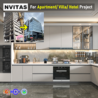 Ensemble d'armoires de cuisine modulaires modernes NVITAS avec options en verre stratifié, construction en bois massif pour les projets d'hôtels, d'appartements et de villas
