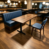 Meubles de restaurant commerciaux, table à manger en bois massif, banquette rembourrée bleue et chaise de salle à manger en bois pour les établissements alimentaires