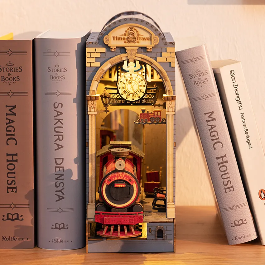 Robotime Rolife DIY minyatür bebek evi Bookends TGB04 zaman seyahat kitap Nook 3D bulmaca ahşap