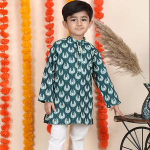 ชุดคุร์ตาสีเขียวสำหรับเด็กผู้ชาย ลายพิมพ์นกยูง คอจีน ชุดสำหรับงานเทศกาล ชุดเด็กแบบดั้งเดิม ชุดออกงานทันสมัย - Product Image 1