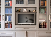 Bibliothèque Moderne avec Portes Vitrées et Niche TV – Meuble de Bibliothèque Personnalisé pour Bureau à Domicile ou Salon