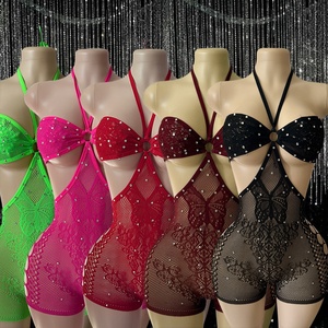 Mono de rejilla con cuello halter y pedrería, estilo bodycon, para danza exótica, discoteca y stripper - Product Image 1