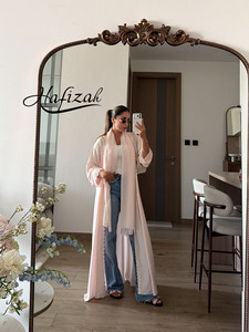 Hafizah Nova Abaya Rosa de Chiffon Aberta com Renda Casual Modesta Dubai Muçulmana Feminina Kimono Cardigã Atacado - Product Image 1