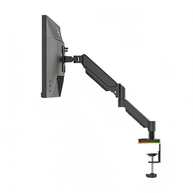 Single Monitor Desk Clamp Mount Arm With Usb Hub and Headphone Holder Led Lighting Black