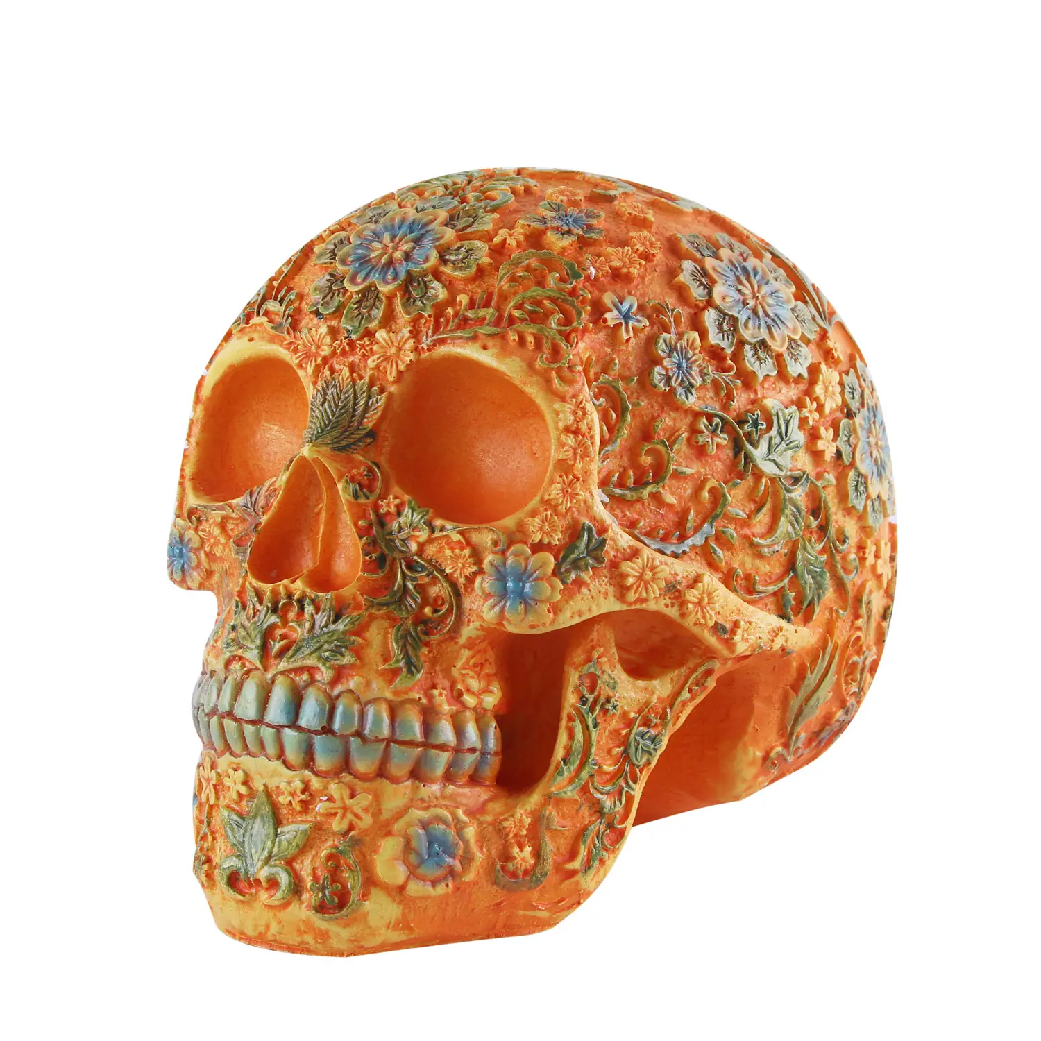 医療モデルハロウィンギフト家の装飾のための安い樹脂クラフトスケルトン骨塗装花の頭蓋骨