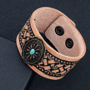 <b>Leather</b> <b>Bracelet</b> With Petal Metal Inlay And Turquoise Vintage Style Fashion Wrap <b>Bracelets</b> - Product Image 1