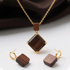 Fatingna, collar con colgante personalizado, conjunto de collar y pendientes OEM de madera, colgante geométrico de perlas de agua dulce chapado en rodio para regalo - Product Image 6