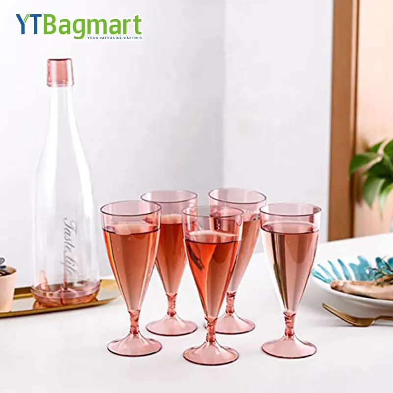 高品質5個シャンパングラス再利用可能なステムウェアプラスチックワイングラスセット収納ボトル付き