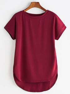 T-shirt bordeaux pour femme – Haut décontracté à manches courtes et col rond avec ourlet incurvé pour le quotidien et la vente en gros - Product Image 1