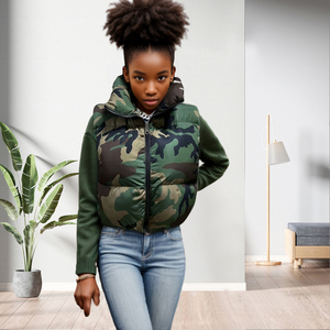 Nuevo Diseño de Chaleco de Invierno con Estampado de Camuflaje, Cuello Alto, Cierre de Cremallera y Relleno de Algodón para Mujer, a la Moda - Product Image 4