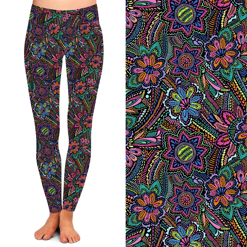 Leggings de Yoga taille haute pour femmes, broderie de fleurs, 92% Polyester, 8% Spandex