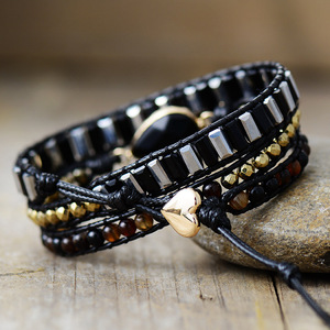 Multi Layered Wrapped <b>Bracelet</b> Natural Stone Crystal Bead Water Drop Shape Black Gold Tone Jewelry Fashion <b>Beaded</b> <b>Bracelets</b> - Product Image 3