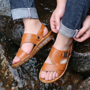 Sandales pour hommes à brides croisées en cuir véritable, première couche de cuir de vachette, semelle extérieure en caoutchouc antidérapante, bout ouvert, chaussures décontractées d'été - Product Image 3