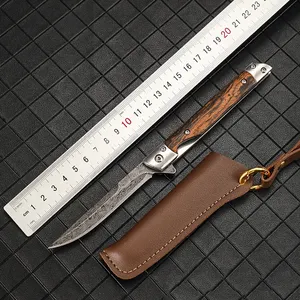 Wholesale Damascus Pattern Narrow Side Exquisite Survival Wood Handle Folding Pocket Knife