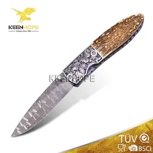Cuchillo plegable de Damasco, cuchillo de bolsillo, EE. UU., Devin Thomas Basketweave, patrón de grabado a mano, desplazamiento, patrón de flores, mango de asta